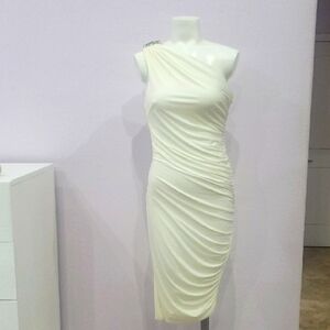 Cream One Shoulder Asymmetrical Ruched Sheath Dress
